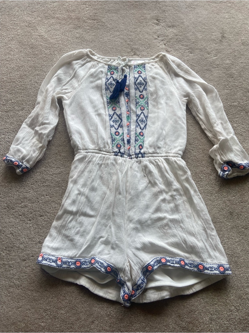 Japna White Girls' Embroidered Romper with Blue Tassel